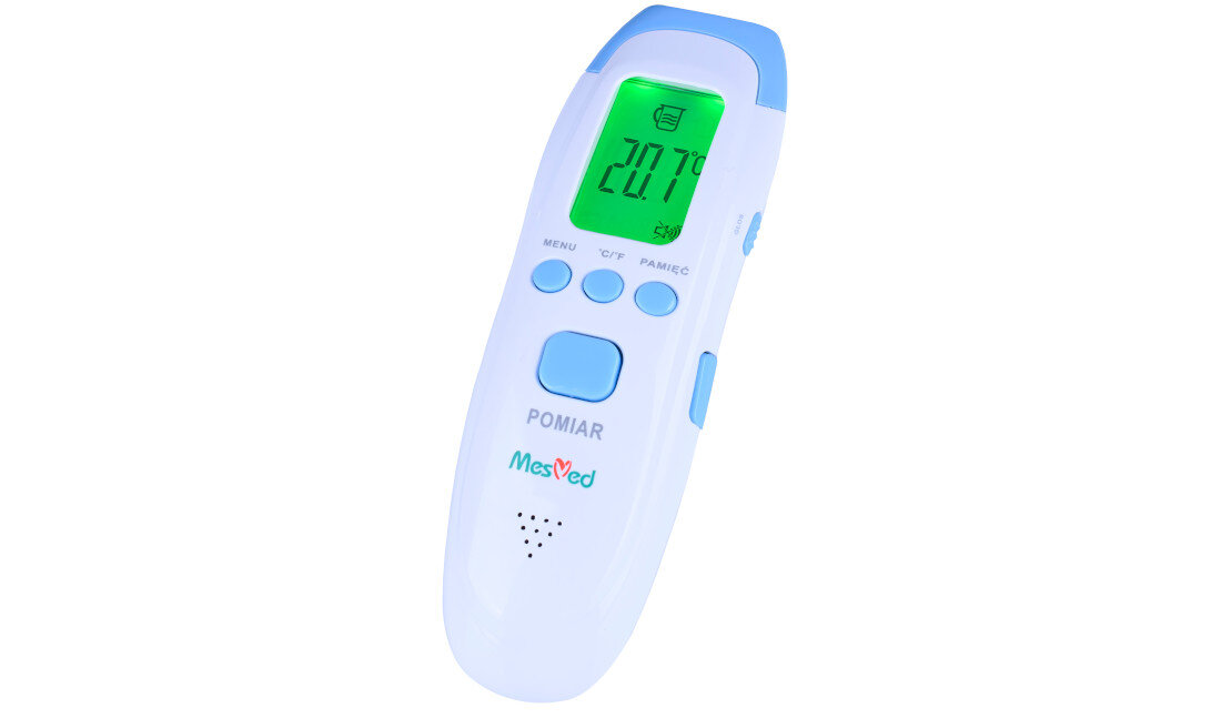 Termometr MESMED MM-380 Ewwel zdjęcie lifestyle 3 w 1 pomiar temperatury ciała, otoczenia oraz powierzchni jedzenia, płynów, mleka w butelce czy wody do kąpieli