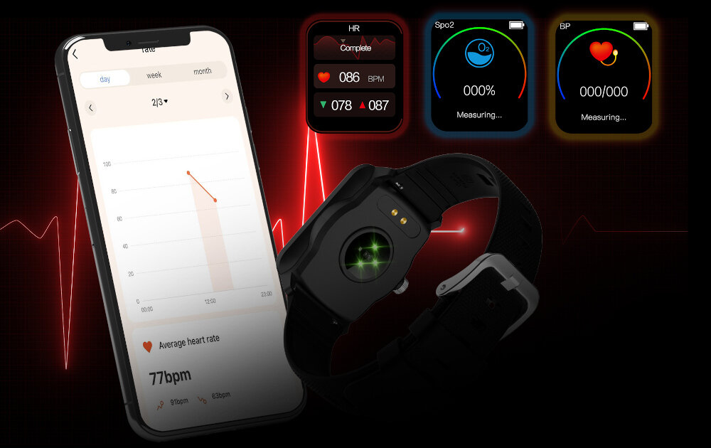 Obraz przedstawia smartfon z wykresem tętna oraz smartwatch z zielonym światłem na spodzie. Na ekranie telefonu widoczny jest tekst: \'Average heart rate 77bpm\'.