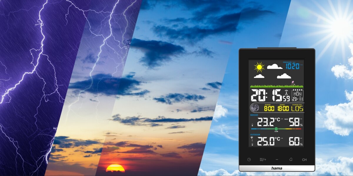 Obraz przedstawia stację pogody z wyświetlaczem pokazującym różne dane meteorologiczne, takie jak temperatura i wilgotność. W tle widoczne są różne zjawiska pogodowe, w tym burza, zachód słońca i słoneczne niebo.