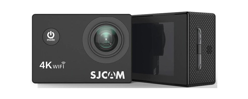 Czarna kamera sportowa z widocznym obiektywem i przyciskiem z napisem \'mode\'. Na obudowie widnieje napis \'4K WIFI\' oraz logo \'SJCAM\'.