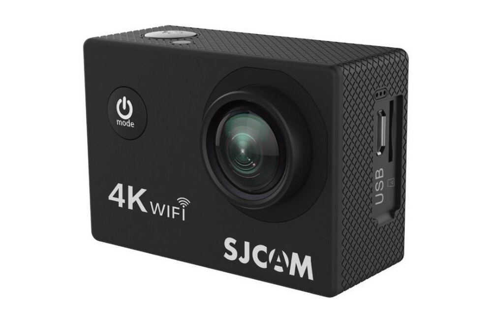Czarna kamera sportowa z widocznym obiektywem, przyciskiem zasilania i napisami \'4K WiFi\' oraz \'SJCAM\'.