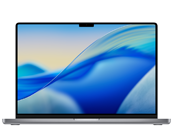 Laptop z wyświetlaczem o cienkich ramkach, na ekranie widoczna abstrakcyjna grafika w odcieniach niebieskiego i żółtego. Obudowa urządzenia jest w ciemnym kolorze.