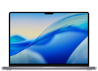 Laptop z wyświetlaczem Retina, na ekranie widoczna abstrakcyjna grafika w odcieniach niebieskiego i żółtego. Obudowa jest w kolorze ciemnym, a na górnej ramce ekranu znajduje się wycięcie na kamerę.
