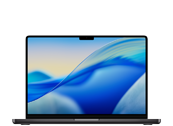 Laptop z wyświetlaczem Retina, na ekranie widoczna abstrakcyjna grafika w odcieniach niebieskiego. Obudowa w kolorze ciemnym, logo producenta APPLE na pokrywie.