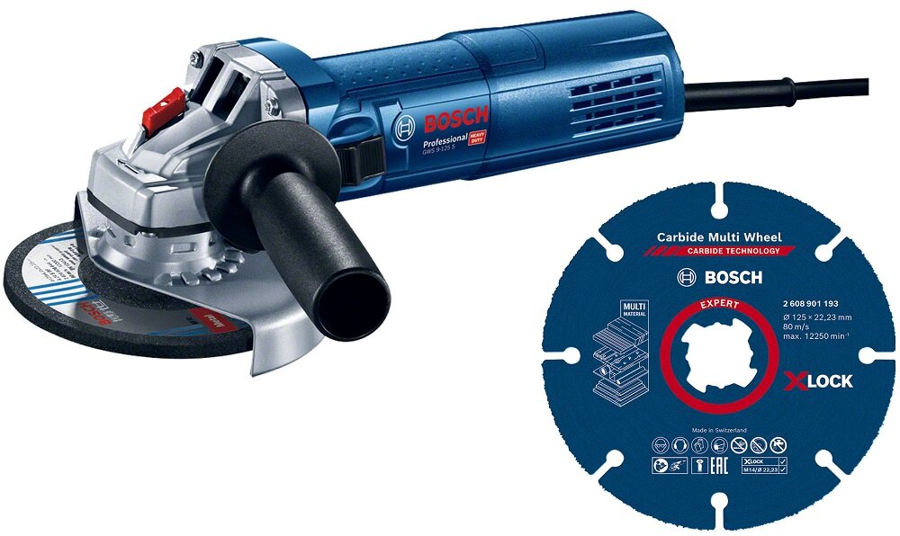 Na obrazie widoczna jest niebieska szlifierka kątowa z czarnym uchwytem oraz tarcza z napisem \'Carbide Multi Wheel BOSCH X-LOCK\'.