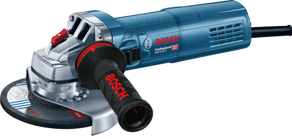 Na obrazie widoczna jest niebieska szlifierka kątowa z czarną tarczą i czerwonym przyciskiem. Na obudowie znajduje się logo BOSCH oraz napis \'Professional GWS 9-125 S\'.