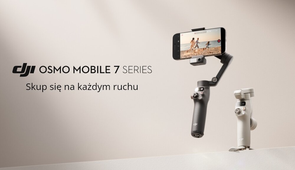 Na obrazie widoczny jest gimbal z zamocowanym smartfonem, obok którego znajduje się tekst: \'DJI OSMO MOBILE 7 SERIES Skup się na każdym ruchu\'.