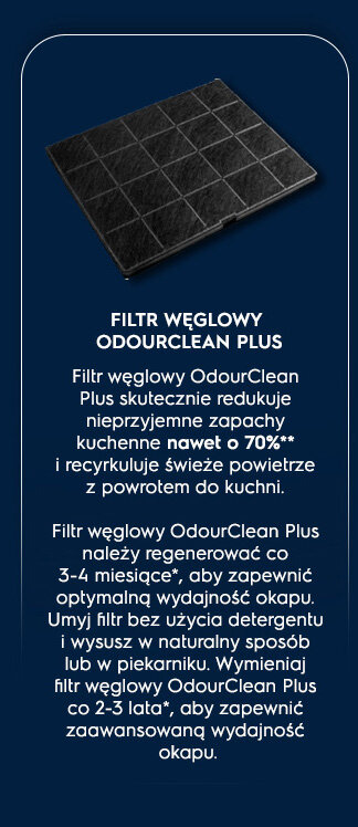 Obraz przedstawia filtr węglowy z tekstem: \'FILTR WĘGLOWY ODOURCLEAN PLUS Filtr węglowy OdourClean Plus skutecznie redukuje nieprzyjemne zapachy kuchenne nawet o 70%** i recyrkuluje świeże powietrze z powrotem do kuchni. Filtr węglowy OdourClean Plus należy regenerować co 3-4 miesiące*, aby zapewnić optymalną wydajność okapu. Umyj filtr bez użycia detergentów i wysusz w naturalny sposób lub w piekarniku. Wymieniaj filtr węglowy OdourClean Plus co 2-3 lata*, aby zapewnić zaawansowaną wydajność okapu.\'.