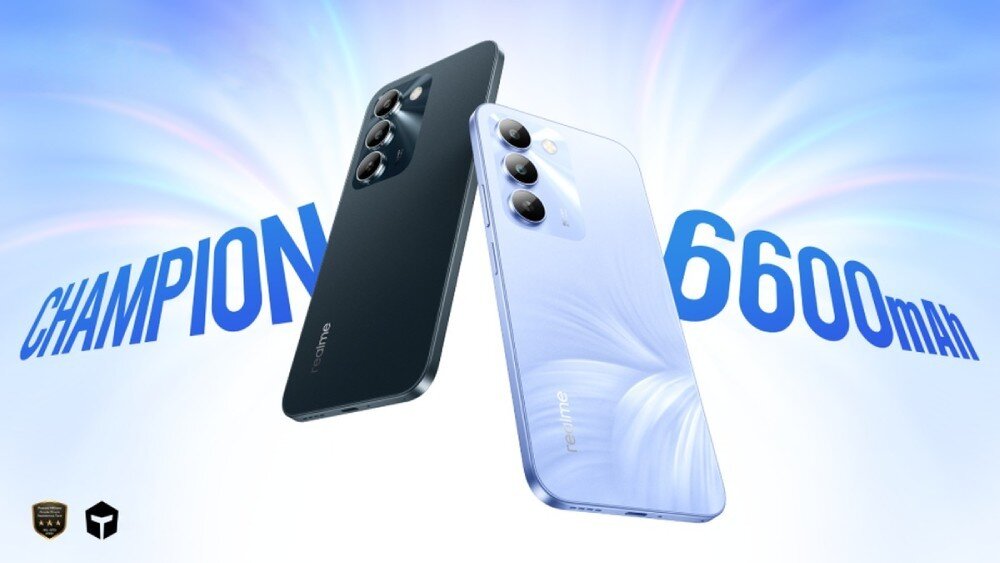 Smartfon REALME C100 5G Dwa smartfony ułożone pod kątem obok napisów 'CHAMPION' oraz '6600mAh' na tle ze świetlistymi promieniami