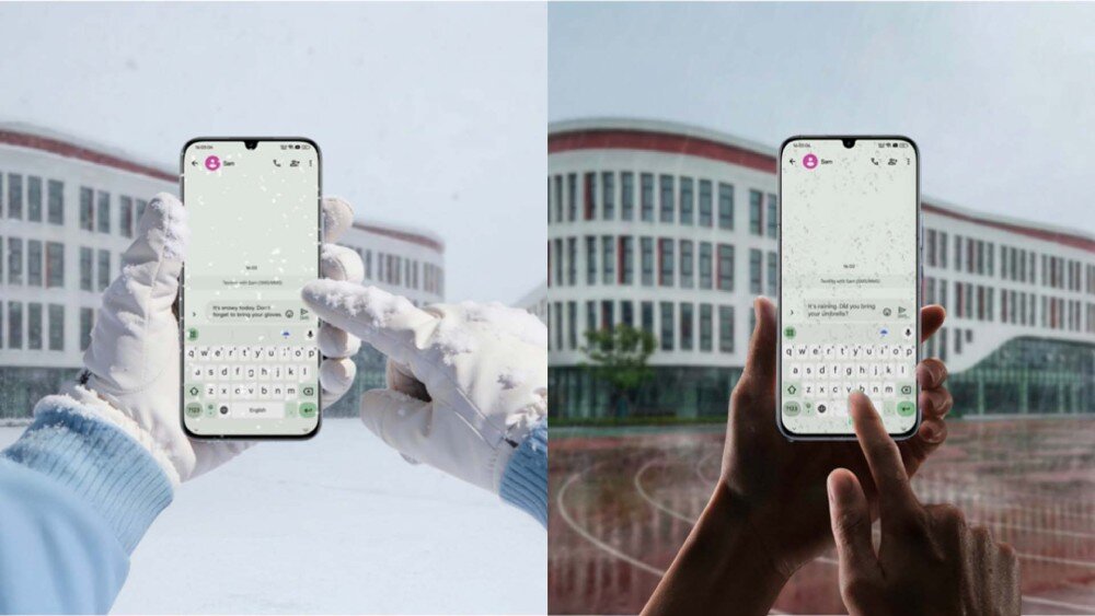 Smartfon REALME C100 5G Dwie dłonie obsługujące smartfon ze spersonalizowaną aplikacją do wiadomości w zimowej oraz deszczowej aurze