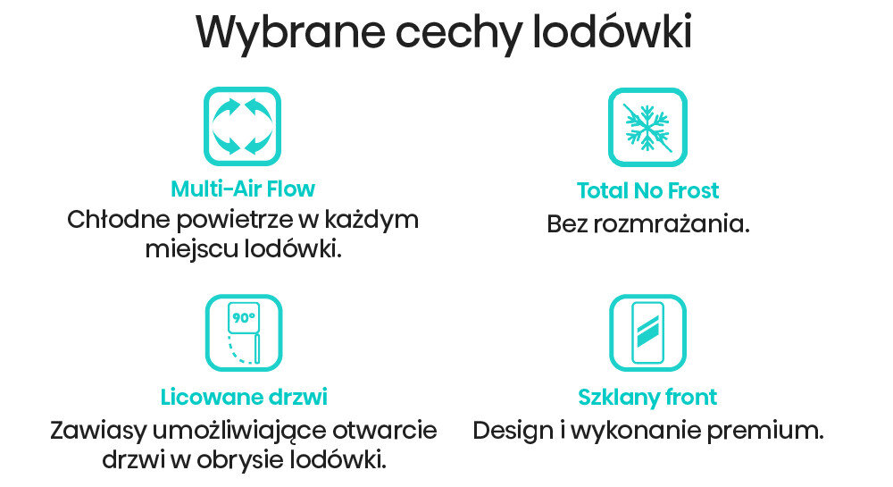 Grafika przedstawia cztery ikony z opisami cech lodówki: Multi-Air Flow, Total No Frost, Licowane drzwi, Szklany front. Każda ikona ma krótki opis funkcji, np. \'Chłodne powietrze w każdym miejscu lodówki.\'