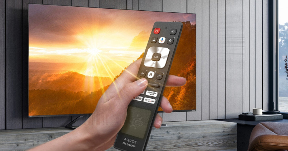 Osoba trzyma pilot z napisem \'AQUOS SHARP\', a w tle widać telewizor wyświetlający obraz zachodzącego słońca nad górami.
