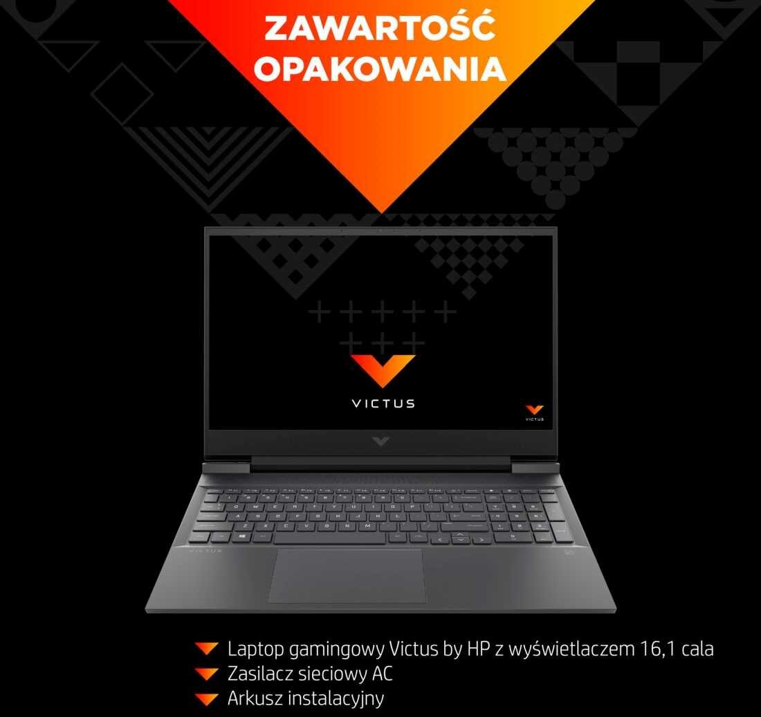 Obraz przedstawia laptopa z logo \'VICTUS\' na ekranie oraz tekstem \'ZAWARTOŚĆ OPAKOWANIA\' na pomarańczowym tle. Poniżej wymienione są elementy: Laptop gamingowy Victus by HP z wyświetlaczem 16,1 cala, Zasilacz sieciowy AC, Arkusz instalacyjny.