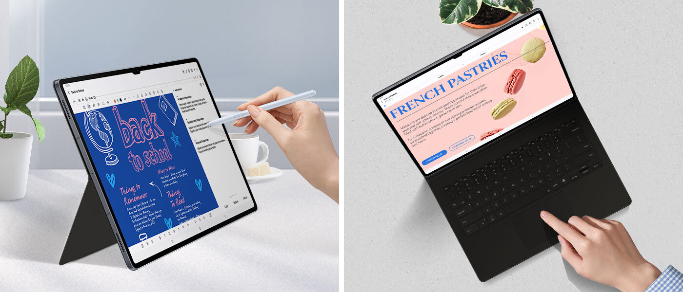 Osoba wskazuje rysikiem S Pen na Galaxy Tab S10 wyświetlającą używaną aplikację Note Assist, podpartą poziomo za pomocą etui Book Cover Keyboard. Widok z góry osoby używającej pada na etui Book Cover Keyboard do nawigacji po aplikacji Note Assist na Galaxy Tab S10. Obraz przedstawia dwa ujęcia tabletu z klawiaturą. Na jednym ekranie widoczny jest napis \'back to school\', a na drugim \'FRENCH PASTRIES\'.