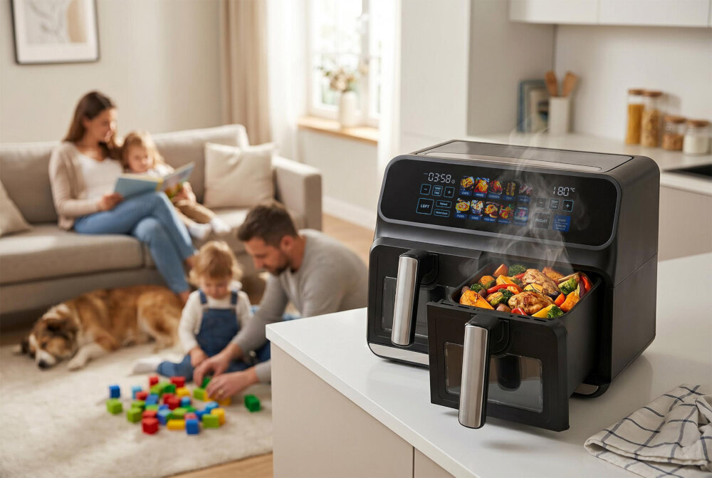 Na blacie kuchennym stoi frytkownica beztłuszczowa z wyświetlaczem pokazującym temperaturę 180°C i czas 23:58. W tle widać rodzinę z dziećmi bawiącymi się na dywanie.