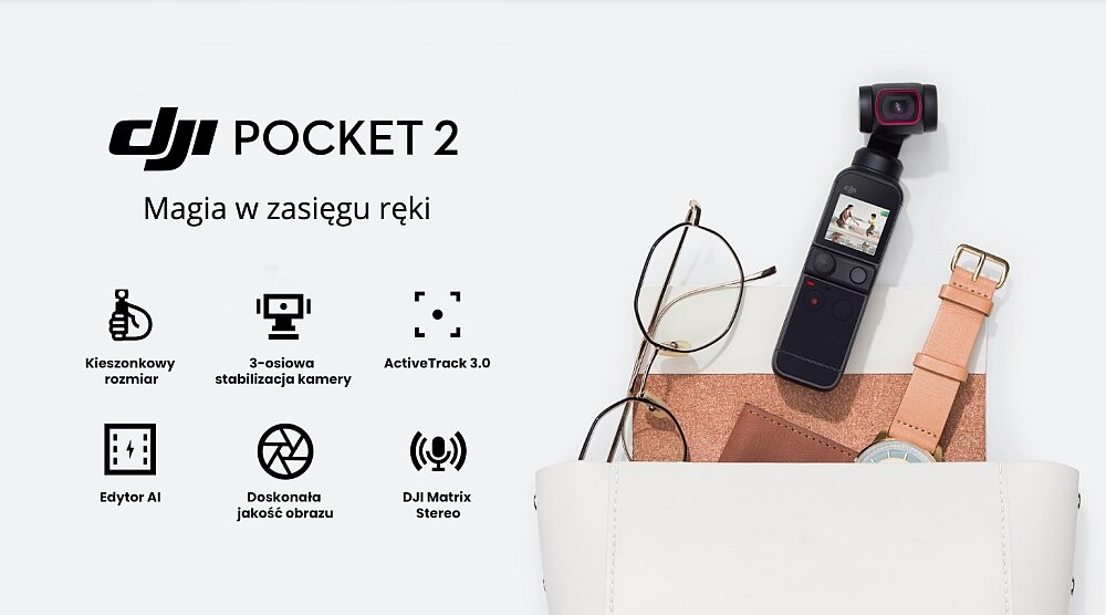 Obraz przedstawia kamerę sportową DJI Pocket 2 umieszczoną w białej torbie obok okularów i zegarka. Po lewej stronie znajdują się ikony z napisami: \'Kieszonkowy rozmiar\', \'3-osiowa stabilizacja kamery\', \'ActiveTrack 3.0\', \'Edytor AI\', \'Doskonała jakość obrazu\', \'DJI Matrix Stereo\'.