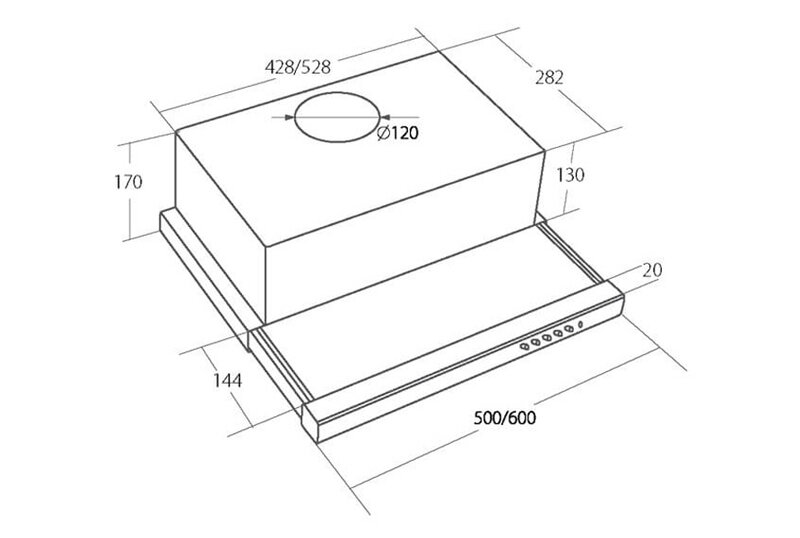 Schemat okapu z wymiarami: 428/528 mm szerokości, 282 mm głębokości, 170 mm wysokości. Widoczne oznaczenie otworu o średnicy Ø120 mm oraz panel sterowania z przyciskami.