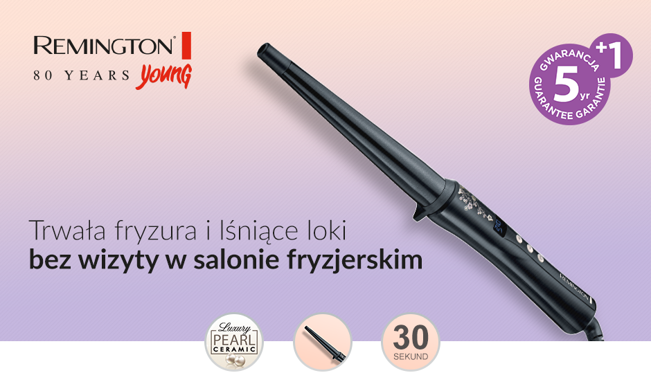 Obraz przedstawia lokówkę z napisem \'REMINGTON 80 YEARS young\'. Widoczny jest tekst: \'Trwała fryzura i lśniące loki bez wizyty w salonie fryzjerskim\', oraz ikony z napisami \'Luxury PEARL CERAMIC\', \'30 SEKUND\' i \'GWARANCJA 5+1\'.
