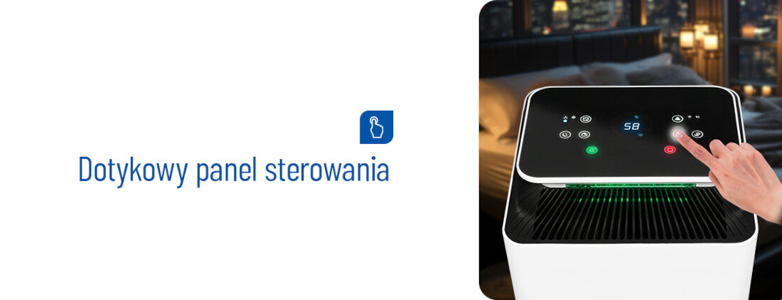 Obraz przedstawia dotykowy panel sterowania osuszacza z wyświetlaczem pokazującym liczbę 58 oraz kilka ikon. Obok znajduje się tekst: \'Dotykowy panel sterowania\'.
