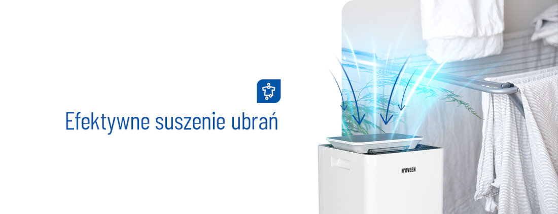 Obraz przedstawia osuszacz z logo \'NOVEEN\', z którego wydobywają się niebieskie strzałki symbolizujące przepływ powietrza. Obok znajduje się tekst: \'Efektywne suszenie ubrań\'.