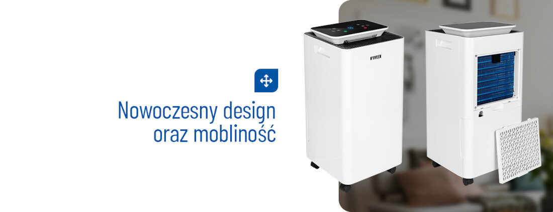 Dwa białe osuszacze powietrza z widocznym panelem sterowania na górze i wyjmowanym filtrem. Obok napis: \'Nowoczesny design oraz mobilność\'.