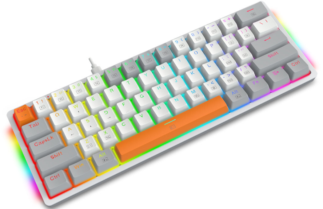 Klawiatura mechaniczna z podświetleniem RGB, posiada białe i szare klawisze oraz pomarańczowy klawisz spacji. Widoczne są klawisze z oznaczeniami takimi jak \'Esc\', \'Tab\', \'CapsLk\', \'Shift\', \'Ctrl\'.
