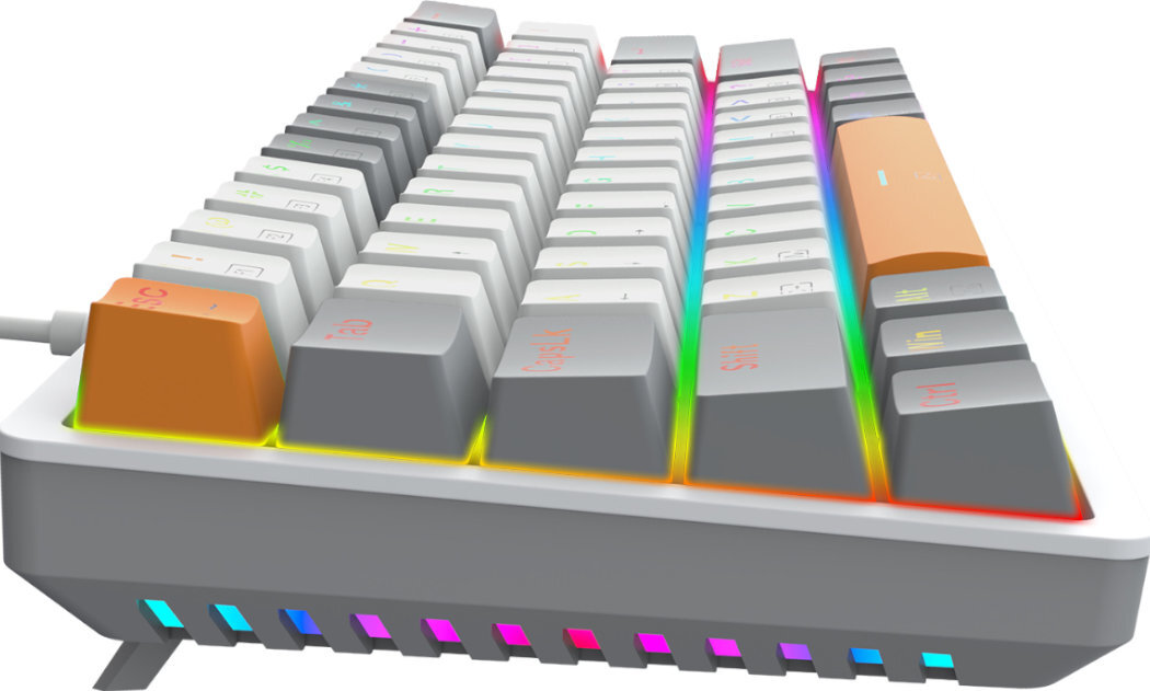 Klawiatura mechaniczna z białymi klawiszami i podświetleniem RGB, z jednym pomarańczowym klawiszem. Obudowa jest biała z widocznymi kolorowymi diodami na boku.