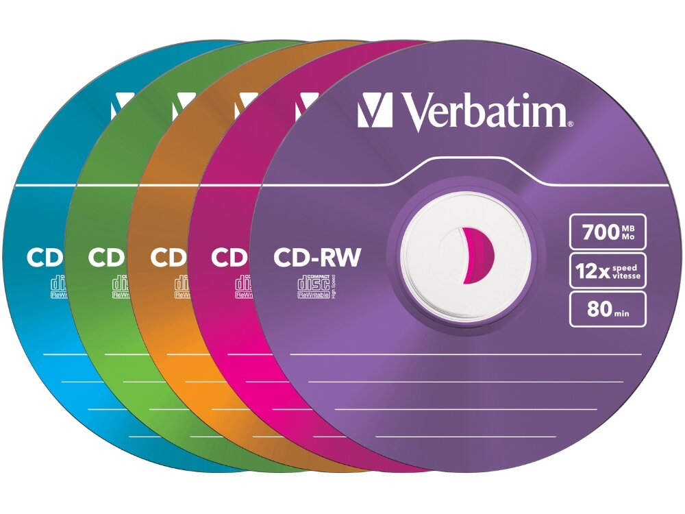 Płyta VERBATIM Colour Slim CD-RW, 700 MB, 12x (5 szt.)
                płyty w różnych wersjach kolorystycznych