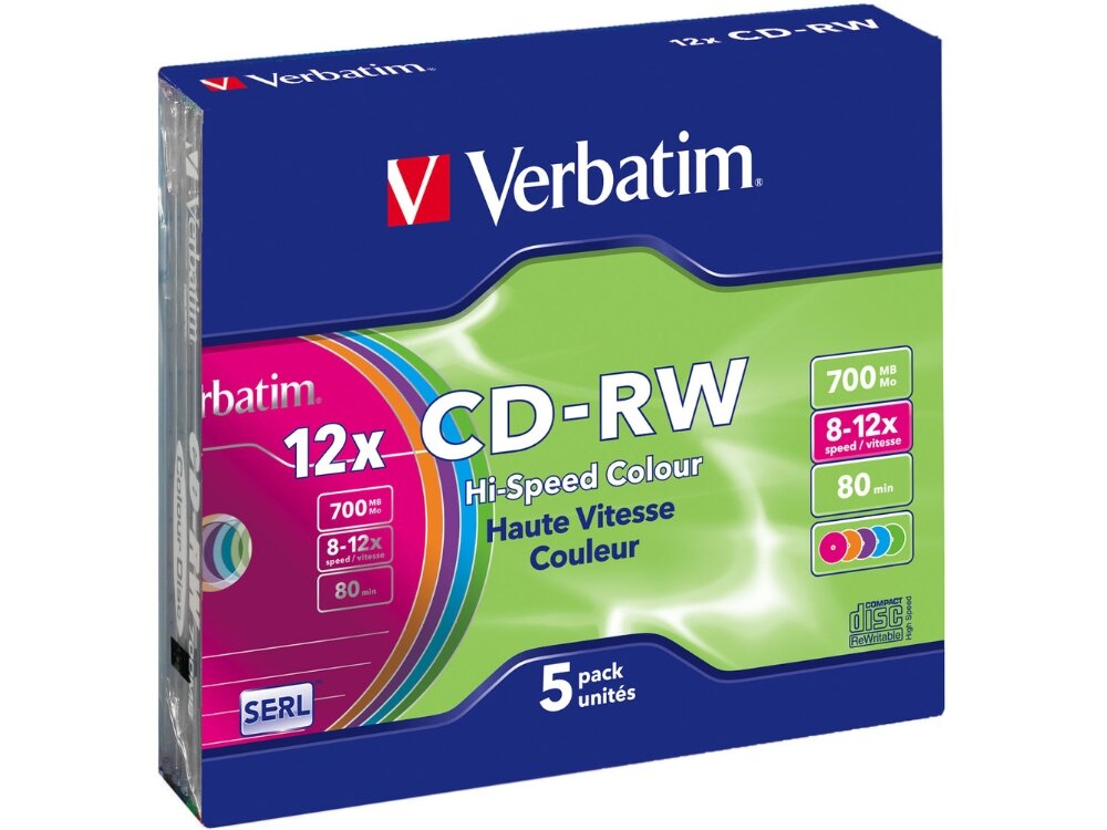 Płyta VERBATIM Colour Slim CD-RW, 700 MB, 12x (5 szt.)
                płyty w opakowaniu płyty optyczne odporność na kurz wilgoć zmiany temperatury technologia serl wielokrotne zapisywanie kasowanie