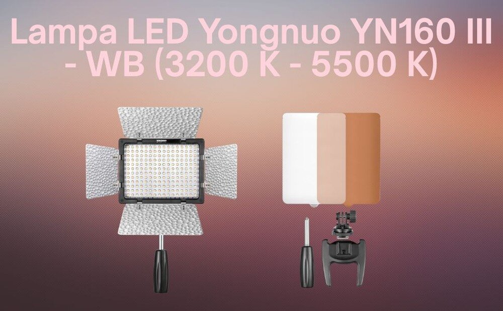 Lampa LED Yongnuo YN160 III - WB (3200 K - 5500 K) oraz inne elementy zestawu: dyfuzory, uchwyt oraz podstawka