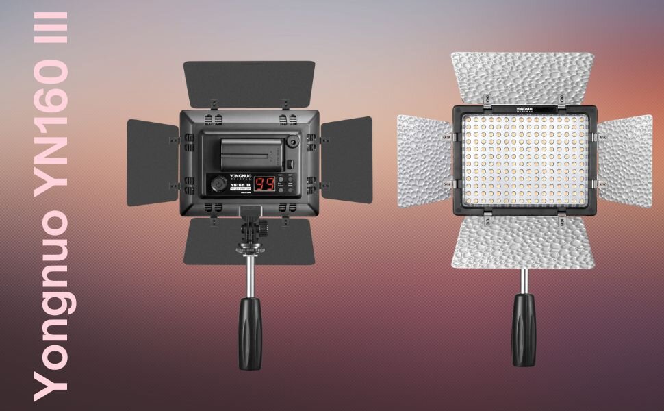 Lampa LED Yongnuo YN160 III - WB (5500 K) w dwóch rzutach: od strony diod LED oraz od strony panelu sterowania