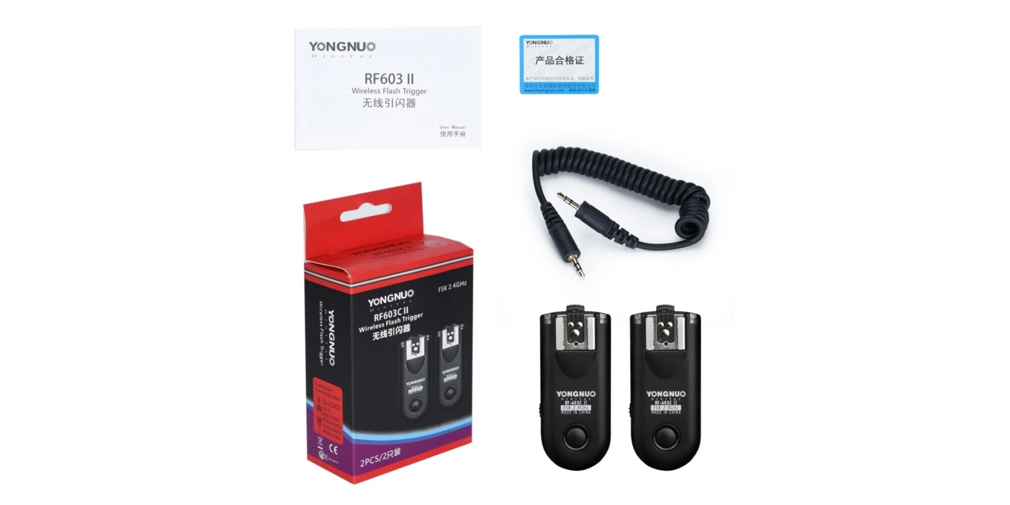 Zestaw dwóch wyzwalaczy radiowych Yongnuo RF603C II, kabel C1, opakowanie oraz instrukcja