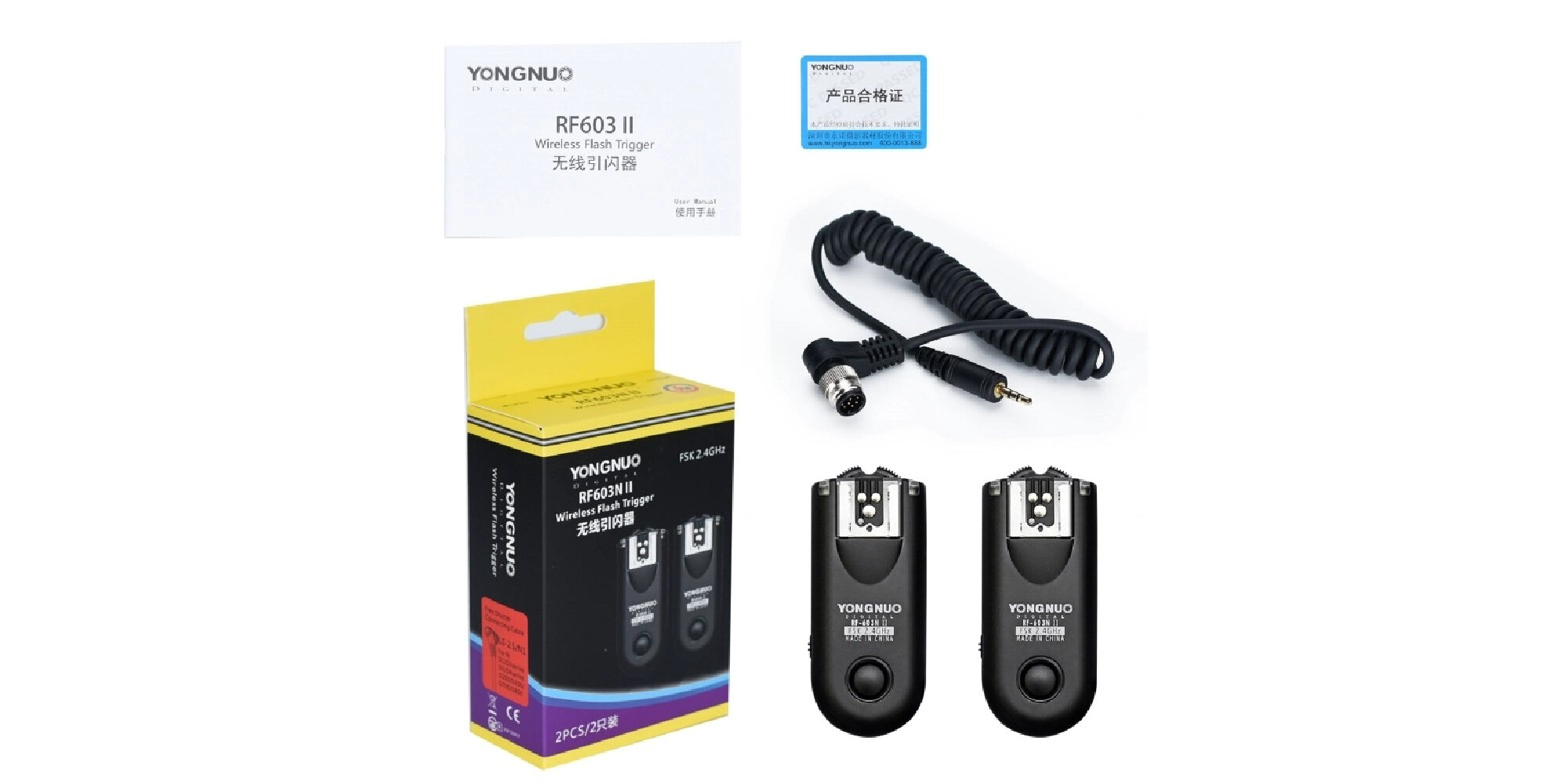 Zestaw dwóch wyzwalaczy radiowych Yongnuo RF603N II, kabel C1, opakowanie oraz instrukcja