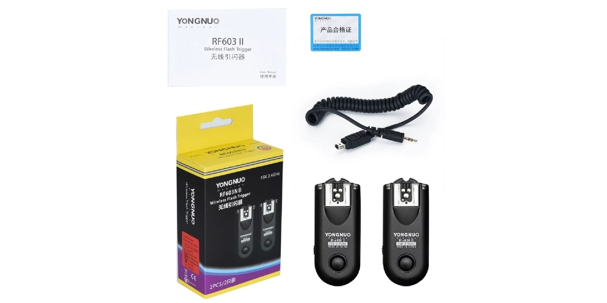 Zestaw dwóch wyzwalaczy radiowych Yongnuo RF603N II, kabel C1, opakowanie oraz instrukcja