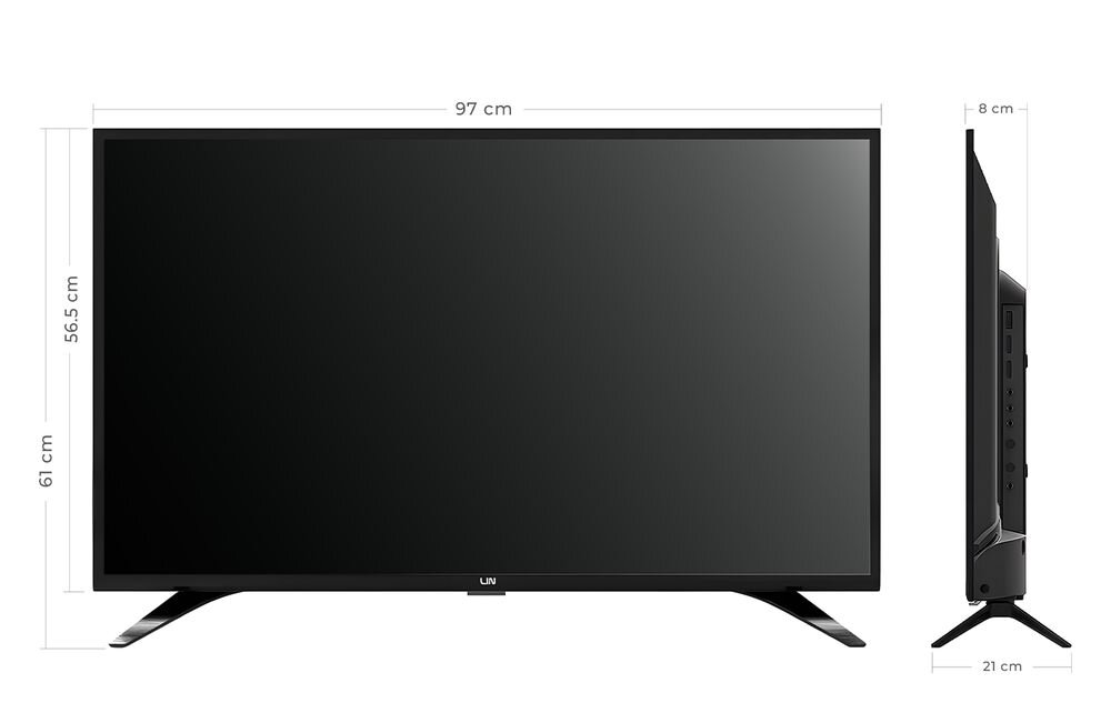 Telewizor LIN 43LFHD1850 Full HD 43 cale smukła obudowa LED do salonu, dwa ujęcia telewizora na jasnym tle