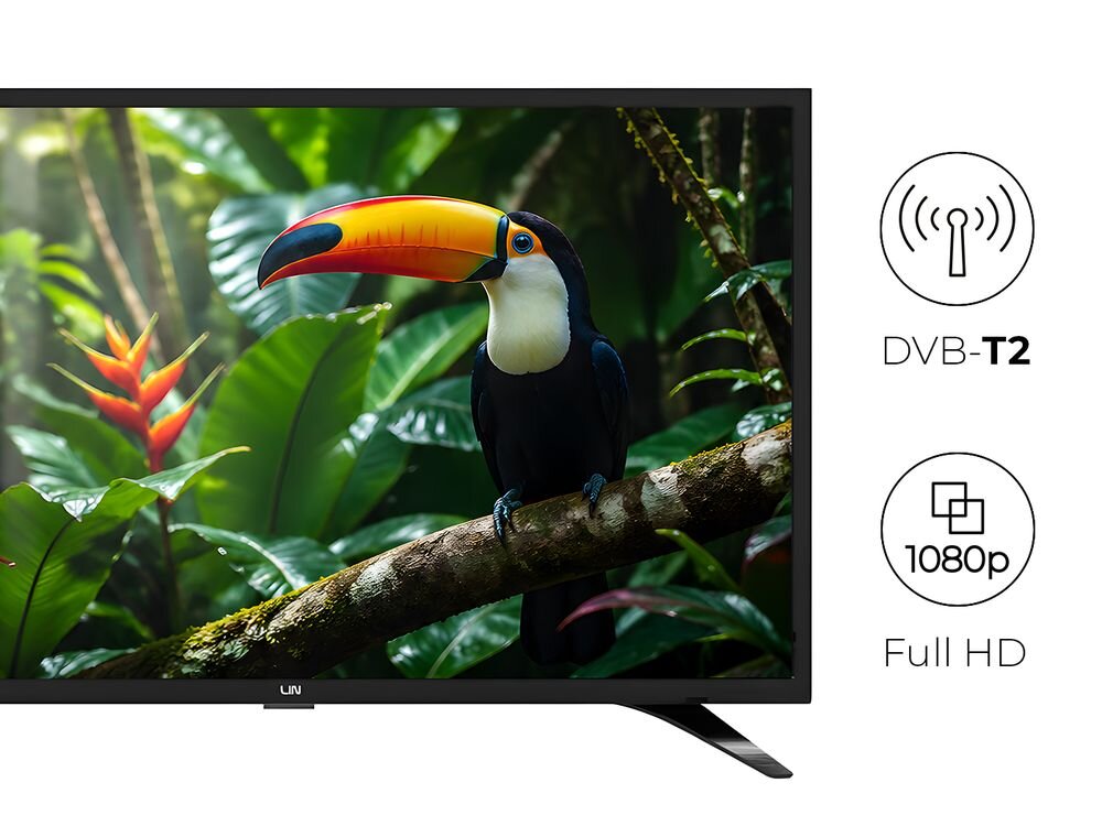 Telewizor LIN 43LFHD1850 LED Full HD redukcja szumów adaptacyjne usuwanie przeplotu, telewizor od frontu na jasnym tle