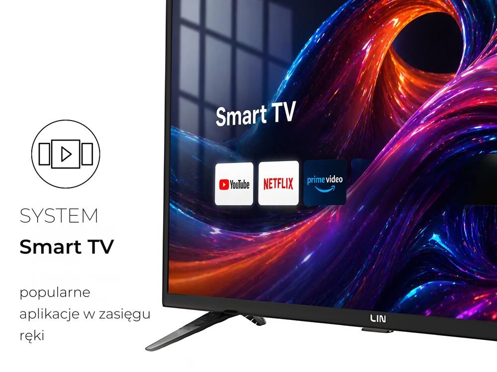 Telewizor LIN 43LFHD1850 Smart TV YouTube Netflix WiFi aplikacje streaming, telewizor po skosie na jasnym tle