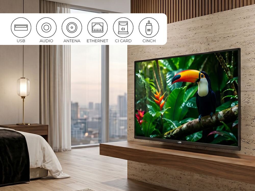 Telewizor LIN 43LFHD1850 HDMI USB 2.0 kontrola rodzicielska tryb hotelowy złącza, telewizor zawieszony na ścianie w pomieszczeniu