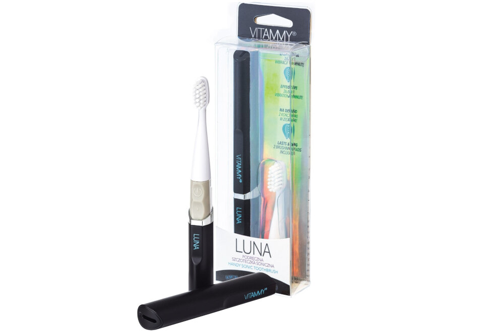 Szczoteczka soniczna VITAMMY Luna Czarny wyposazenie zestaw akcesoria komplet bateria AAA dwie koncowki etui