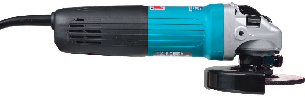 Szlifierka kątowa MAKITA GA5040C szlifierka na białym tle widoczna z boku system SJS II tłumi drgania skrętne ochrona przekładni zębatej przed przeciążeniem trwałość elementów napędowych redukcja wibracji do 2,5 m/s² przy pracy tarczą miękki uchwyt boczny uchwyt pozwala na stabilne prowadzenie narzędzia