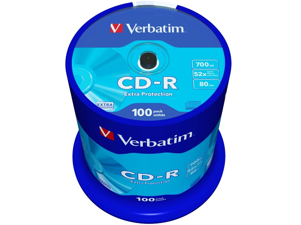 Płyta VERBATIM Extra Protection CD-R, 700 MB, 52x (100 szt.)
                płyty w opakowaniu płyty optyczne odporność na kurz wilgoć zmiany temperatury biała warstwa ochronna