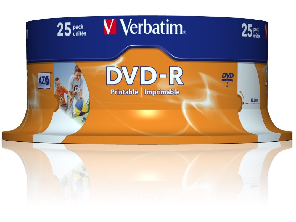 Płyta VERBATIM Printable DVD-R, 4.7 GB, 16x (25 szt.)
                płyta w opakowaniu stabilność powtarzalność działania bezpieczne przechowywanie danych