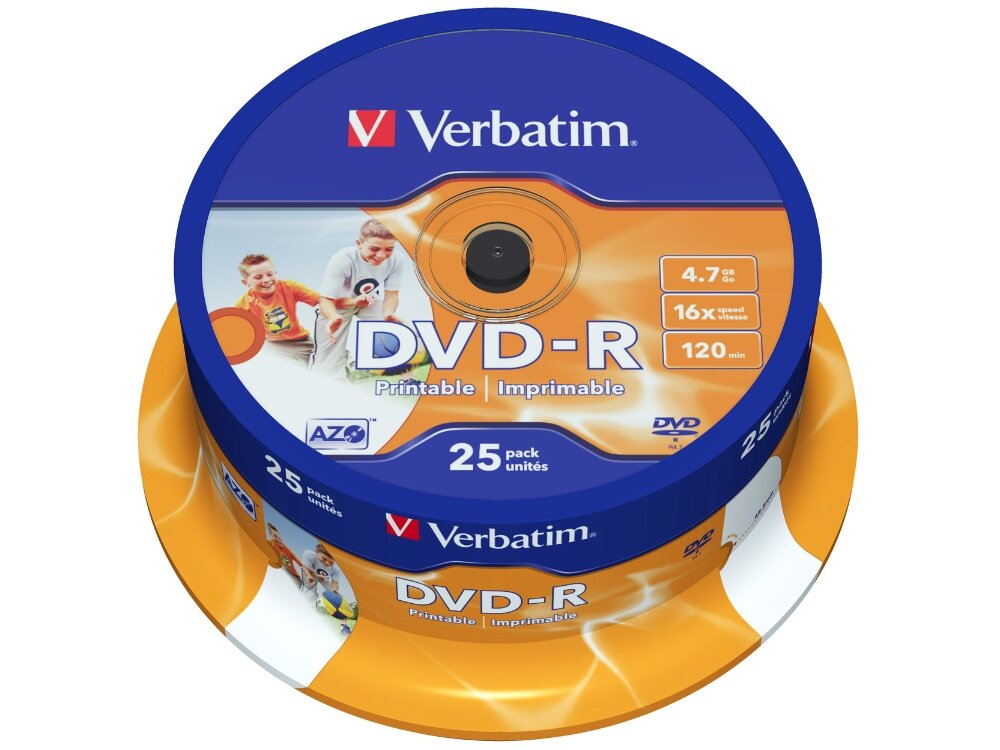 Płyta VERBATIM Printable DVD-R, 4.7 GB, 16x (25 szt.)
                płyta w opakowaniu płyty optyczne odporność na kurz wilgoć zmiany temperatury technologia azo powierzchnia przystosowana do druku atramentowego