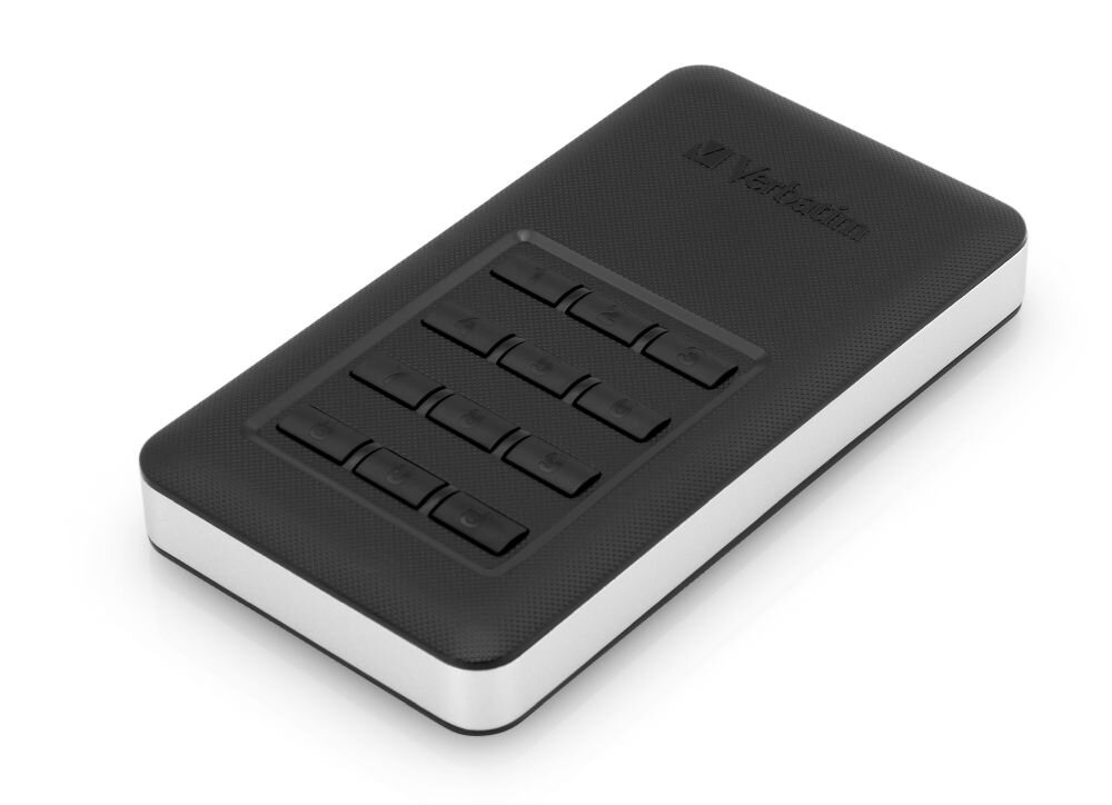 VERBATIM Store 'n' Go Secure Czarny dysk przenośny z klawiaturą numeryczną widoczny z perspektywy skośnej na białym tle, interfejs, podłączenie
