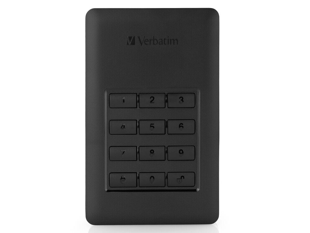 VERBATIM Store 'n' Go Secure Czarny dysk przenośny z klawiaturą numeryczną widoczny z góry na białym tle, kopie zapasowe Nero Backup i wskaźniki LED