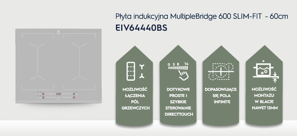 Obraz przedstawia płytę indukcyjną z oznaczeniem EIV64440BS oraz cztery ikony z opisami: \'MOŻLIWOŚĆ ŁĄCZENIA PÓL GRZEWCZYCH\', \'DOTYKOWE PROSTE I SZYBKIE STEROWANIE DIRECTTOUCH\', \'DOPASOWUJĄCE SIĘ POLA INFINITE\', \'MOŻLIWOŚĆ MONTAŻU W BLACIE NAWET 12MM\'.