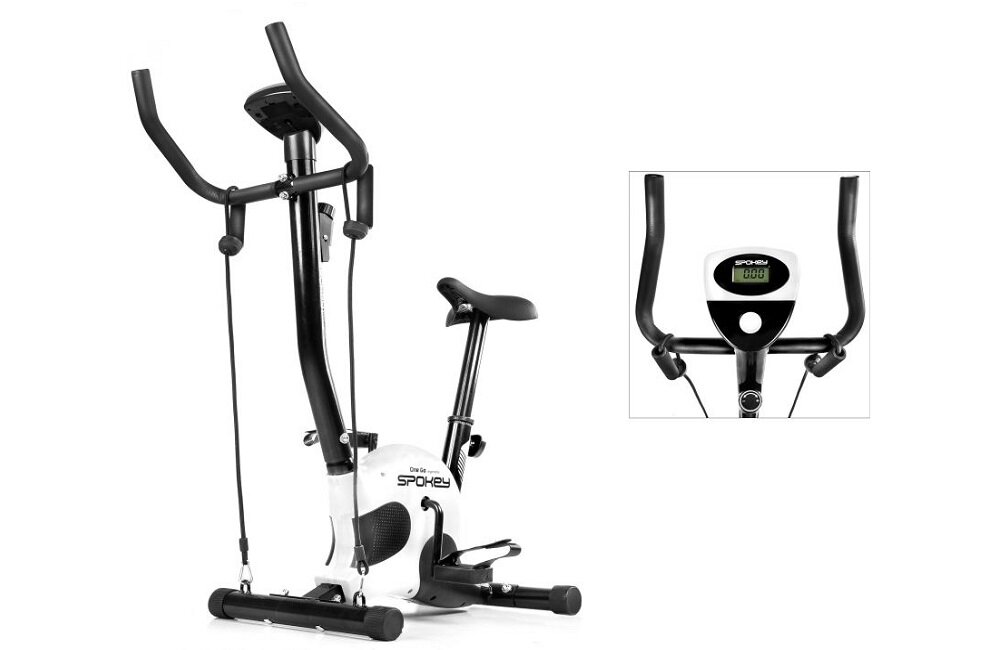 Rower mechaniczny z czarną ramą i białymi elementami, z widocznym logo \'SPOKEY\'. Obok znajduje się zbliżenie na panel sterujący z wyświetlaczem.