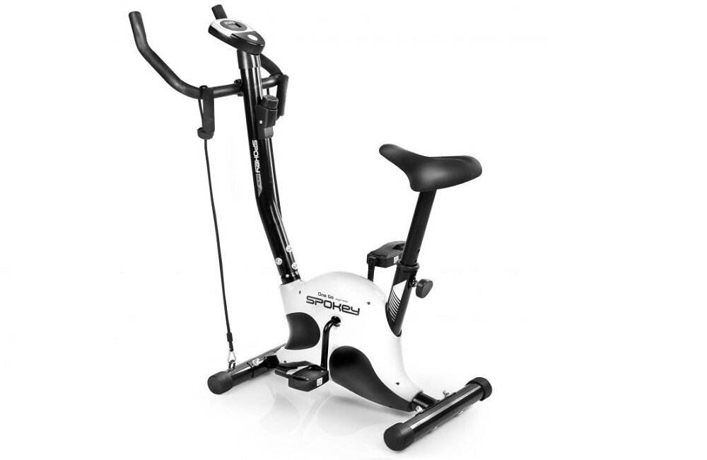 Rower mechaniczny z czarno-białą ramą i wyświetlaczem na kierownicy. Na ramie widoczne jest logo \'SPOKEY OneGo+\'.