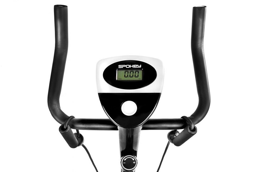 Kierownica roweru mechanicznego z wyświetlaczem pokazującym \'0.00\' oraz logo \'SPOKEY\'.