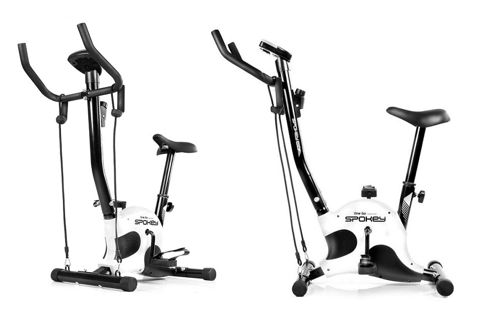Na obrazie widoczny jest rower mechaniczny SPOKEY OneGo+ w kolorze czarno-białym. Na ramie znajduje się logo \'SPOKEY\'.